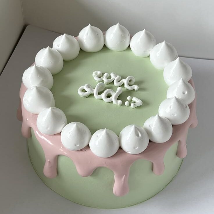 Pastel Green and Pink Meringue Glazed Birthday Cake by @ola_bakes