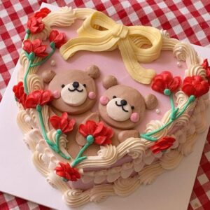 Teddy Bear and Carnation Heart Cake